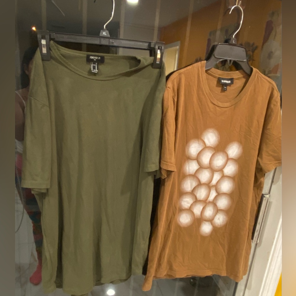 two men's shirts,express Brown T-Shiro and forever 21 olive green color